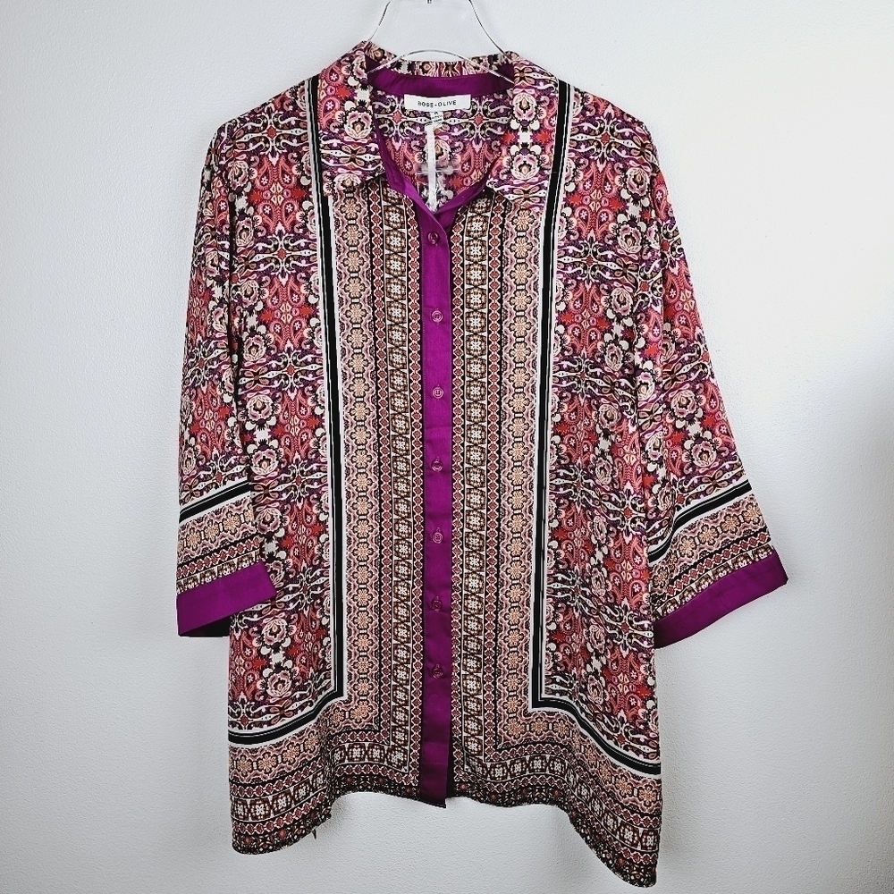 Rose + Olive Floral Paisley Button Front Blouse NWT